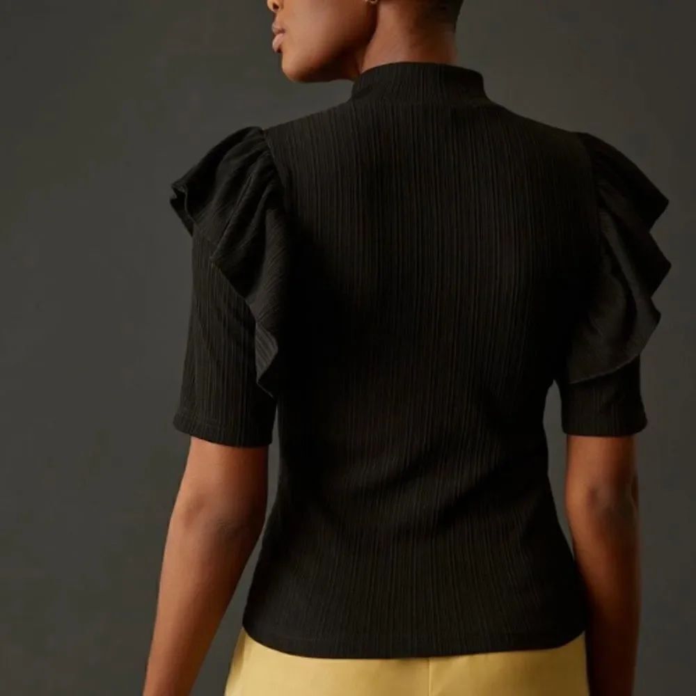 NEW DOLAN x Anthropologie Ruffled Mock Neck Blouse in Black Size Small